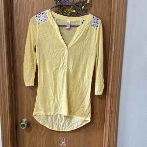 No Boundaries Yellow Button Down Shirt with Floral Shoulders